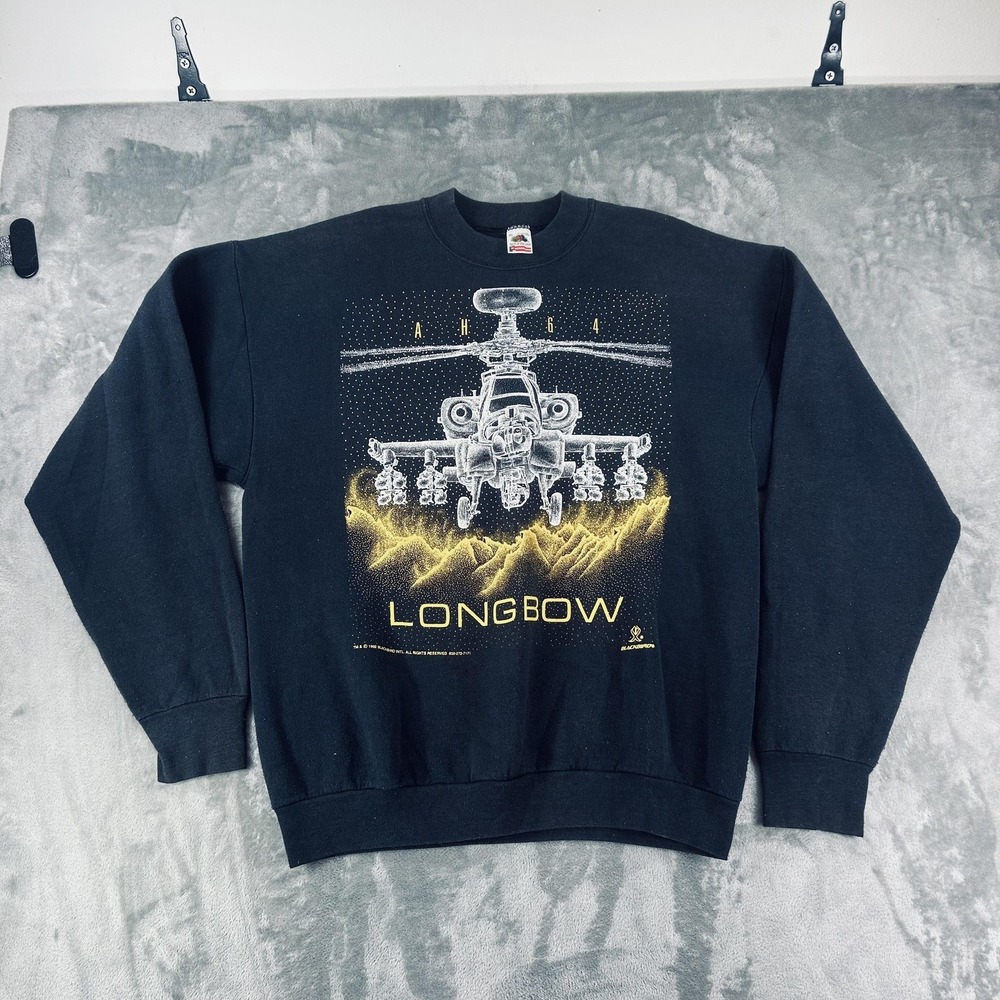 Vintage AH-64 Longbow Sweatshirt Mens XL Black Fleece Helicopter Army 1992